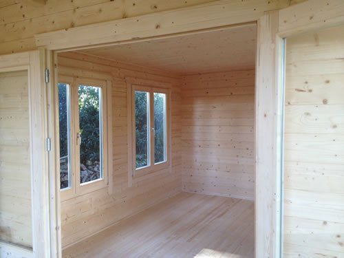 Inside the timber cabin