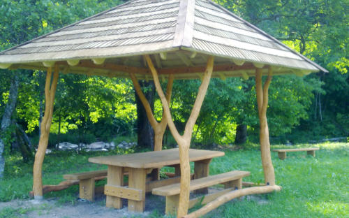 Timber gazebo with picnic table